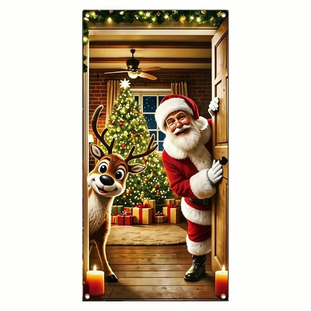 Stretch-Fit Santa & Reindeer Christmas Door Cover