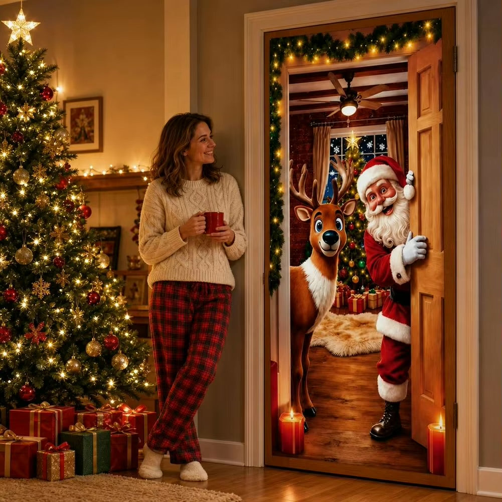 Stretch-Fit Santa & Reindeer Christmas Door Cover