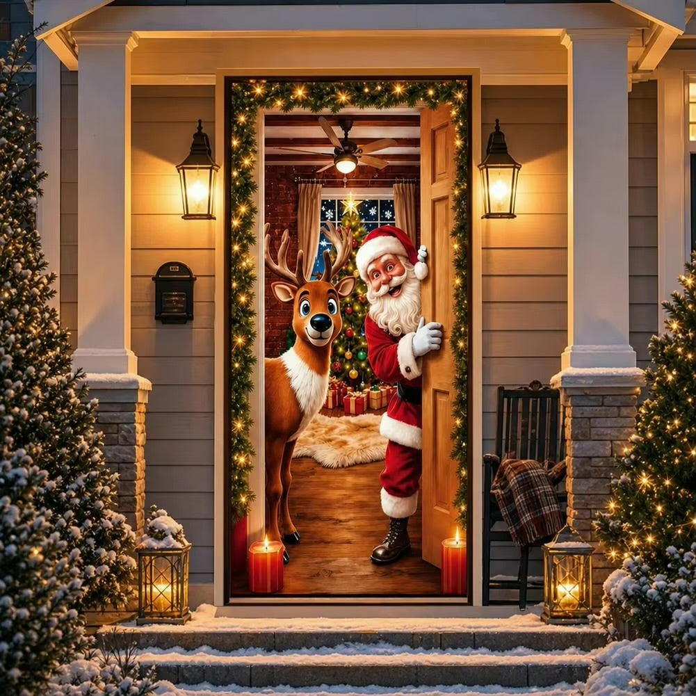 Stretch-Fit Santa & Reindeer Christmas Door Cover