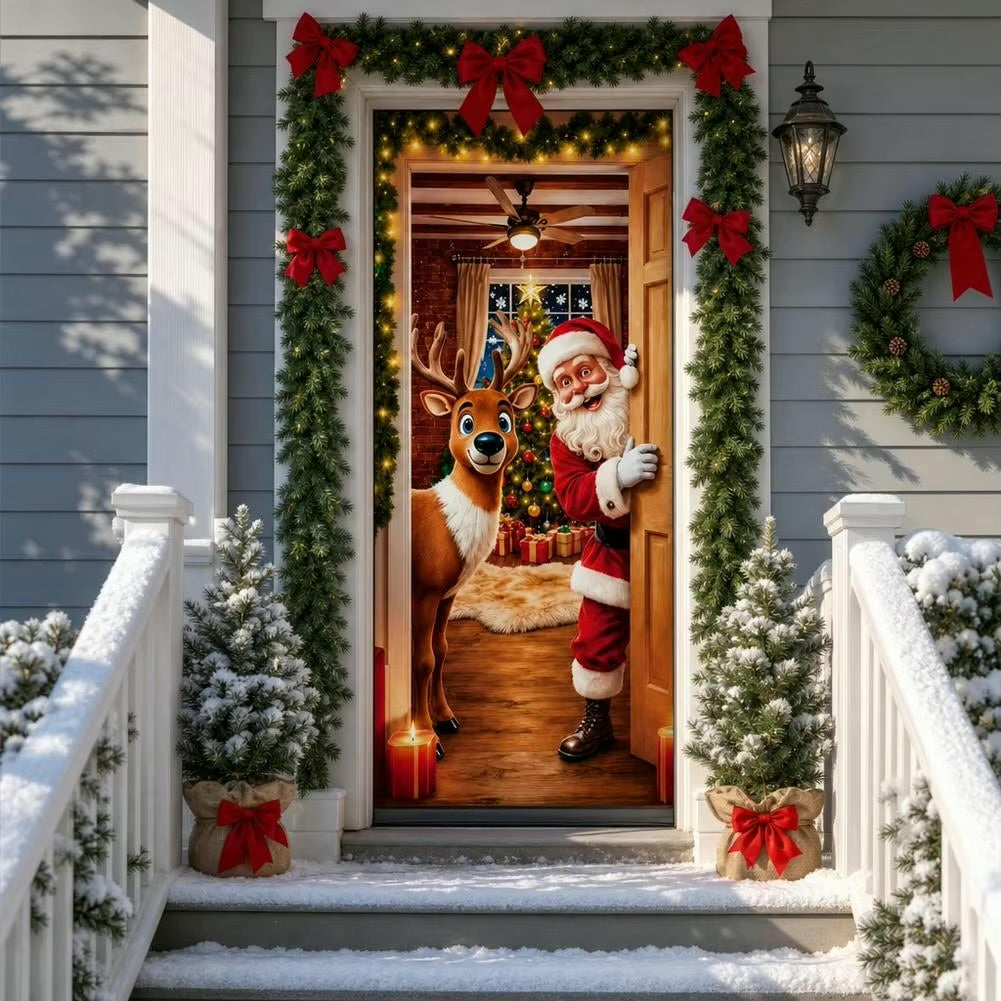 Stretch-Fit Santa & Reindeer Christmas Door Cover