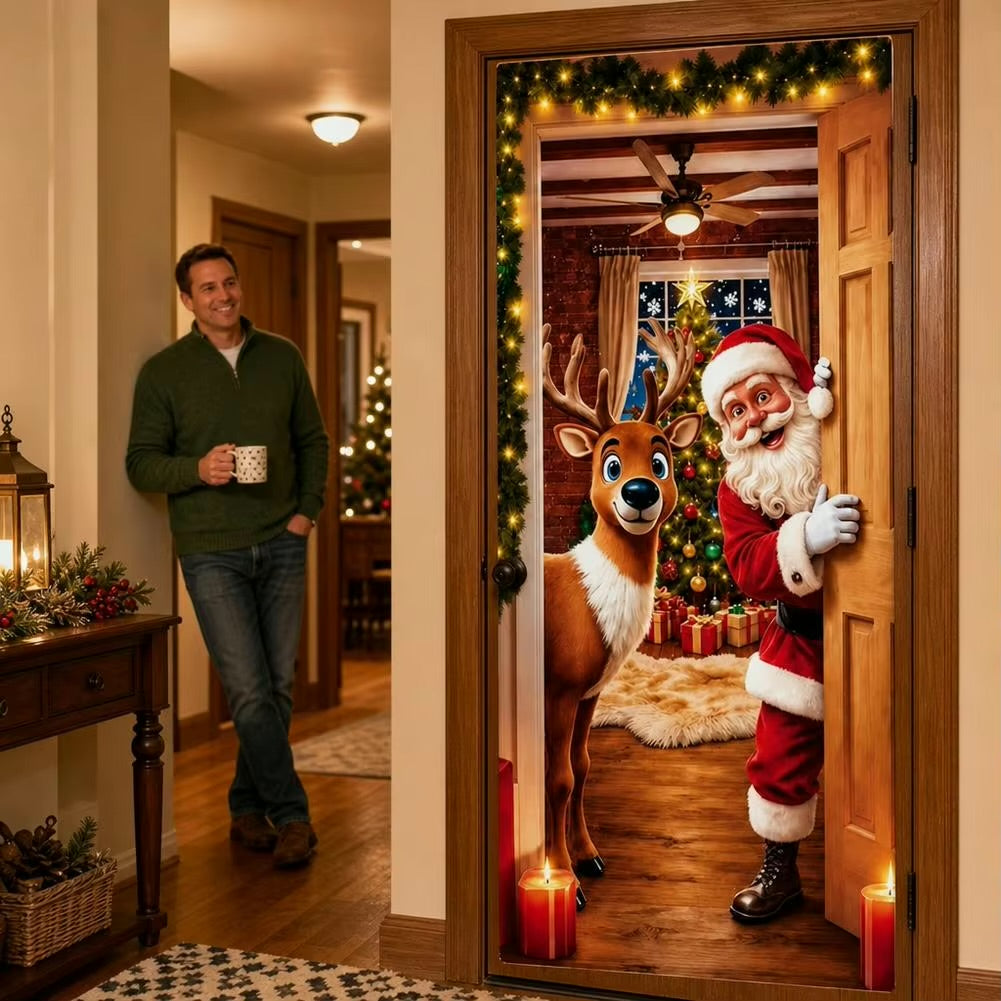 Stretch-Fit Santa & Reindeer Christmas Door Cover