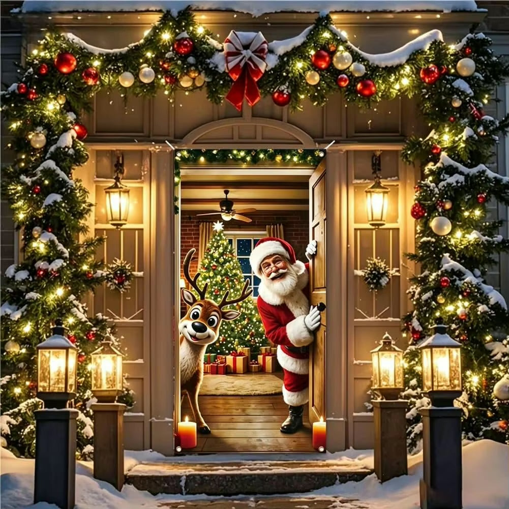 Stretch-Fit Santa & Reindeer Christmas Door Cover